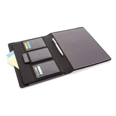 The recycled leather portfolio adds a little bit of extra sophistication to your work. Keep your important documents, cards and notes together in this beautiful portfolio with black elastic binder. Inside the A4 portfolio you can find a lined 64 gm/2 recycled paper notepad containing 20 pages. Inside there’s  1 big sleeve pocket, 3 phone size pockets and 4 business card slots.<br /><br />NotebookFormat: A4<br />NumberOfPages: 20<br />PaperRulingLayout: Lined pages