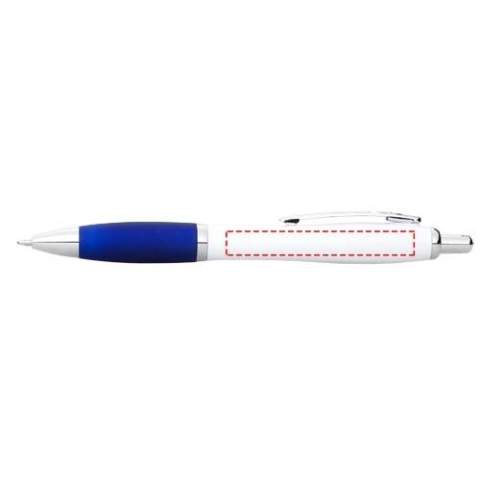 Stylo à bille corps blanc/grip couleur avec bouton poussoir.