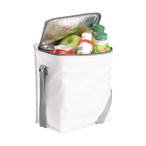 600D polyester cooler bag, suitable for 6 bottles (contents 500 ml) or 12 cans. With carrying strap.