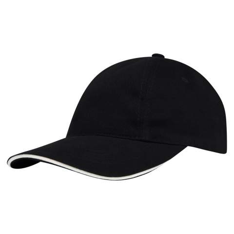 Brushed promo cap, bestaand uit vijf panelen en een klittenbandsluiting. Gemakkelijk te voorzien van een logo door middel van een transfer of borduring. Budgettechnisch de betere keuze.