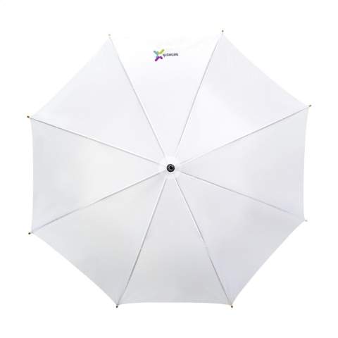 WoW! Parapluie avec suspension télescopique automatique, toile en pongé RPET 190T, cadre en métal, manche et poignée en bois et fermeture Velcro. Certifié RCS. Matière recyclée totale : 15%.