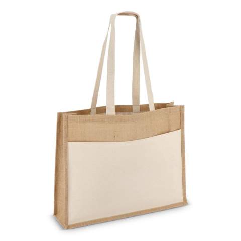 Robuster Jutebeutel mit einer Vordertasche aus Baumwolle und passenden Baumwollgriffen. Hergestellt aus 320 g/m² Material, das für den täglichen Gebrauch geeignet ist. Oeko-Tex® zertifiziert für geprüfte, sichere Textilien. Ideal zum Einkaufen oder für einen Tag am Strand.
