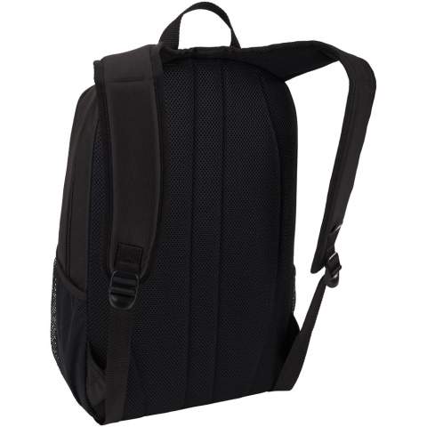 Sleek backpack for users that are looking to efficiently pack electronics and daily essentials. The main compartment will fit a 15.6" laptop and there is also a dedicated pocket for a tablet. Manufactured with 100% recycled polyester and recycled dobby materials, making it a more sustainable choice. Quick access front pocket for small items, and an interior cord storage pocket suitable for phone chargers or small cords to keep them untangled. Also features convenient mesh side pockets for water bottles.