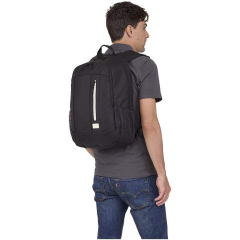 Sleek backpack for users that are looking to efficiently pack electronics and daily essentials. The main compartment will fit a 15.6" laptop and there is also a dedicated pocket for a tablet. Manufactured with 100% recycled polyester and recycled dobby materials, making it a more sustainable choice. Quick access front pocket for small items, and an interior cord storage pocket suitable for phone chargers or small cords to keep them untangled. Also features convenient mesh side pockets for water bottles.