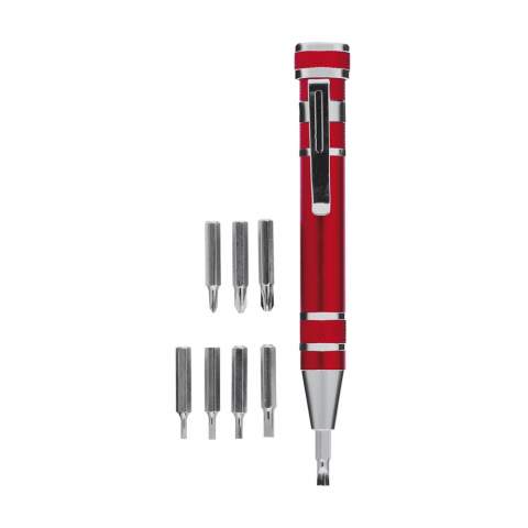 Aluminium toolpen with a metallic finish. With sturdy clip and 8 tools. Each item is individually boxed.
