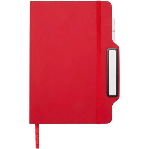 Das Nexus A5 Hardcover Notizbuch mit Stift/Bleistift-Kombi umfasst 80 cremefarbene, linierte Seiten aus 70 g/m² Papier, abgerundete Ecken, einen elastischen Verschluss und ein Lesebändchen. Der Stift hat zwei Köpfe, von denen der eine ein Füller mit schwarzer Tinte und der andere ein Bleistift ist. Schreiblänge des Stiftes: 1000 Meter. Schreibspitze: 1 mm.