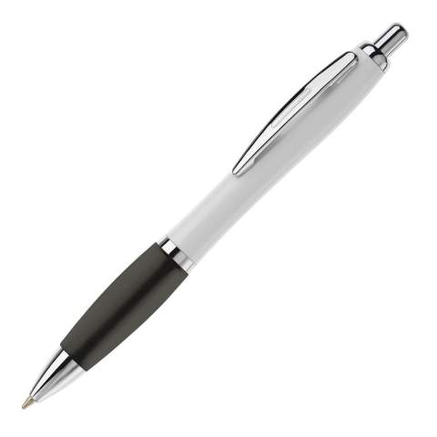 White ball pen with metal clip. Metal look push button, ring and tip. Comes with a Jumbo refill with blue writing ink.