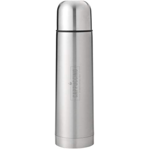Doppelwandige Isolierflasche mit Becher im Deckel. Ausgießer mit Einhand-Druckknopf, der sich automatisch schließt, wenn der Deckel auf die Flasche geschraubt wird. Volumen 750 ml.