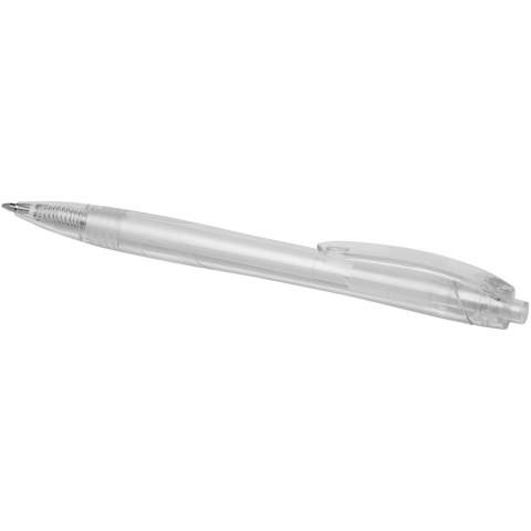 Click action ballpoint pen made from recycled PET, reducing the use of virgin plastic. The ballpoint pen comes with a transparent barrel and coloured push button. It is preloaded with a blue refill and can be combined with the 107763 Honua RPET notebook.