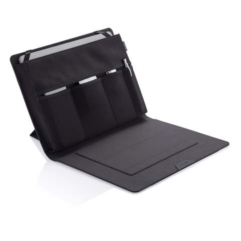 Wherever you go, take your office with you! With an innovative fold-out design, this portable workstation will keep your professional belongings organized and convenient while on the go. Simply unfold and use the magnetic stands to place your laptop in the correct position, or use the inside surface as a mousepad. The mobile office holds a 13" laptop and a tablet up to 12,9". Registered design®<br /><br />FitsLaptopTabletSizeInches: 13.0