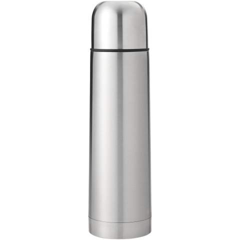Doppelwandige Isolierflasche mit Becher im Deckel. Ausgießer mit Einhand-Druckknopf, der sich automatisch schließt, wenn der Deckel auf die Flasche geschraubt wird. Volumen 750 ml.