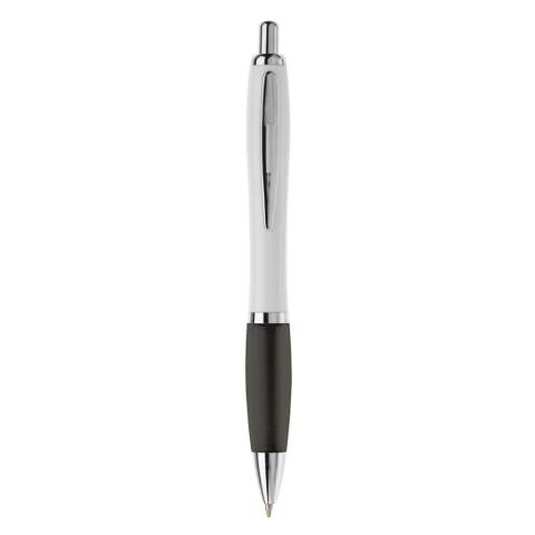 White ball pen with metal clip. Metal look push button, ring and tip. Comes with a Jumbo refill with blue writing ink.