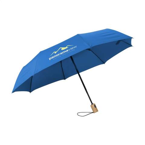 WoW! Folding umbrella with automatic opening and closing mechanism. Supplied with an RPET 190T pongee polyester cover. This umbrella also has a stainless-steel shaft and frame wooden handle, elastic carrying loop and Velcro closure. Dim. when folded: Ø 6 x 28,5 cm. RCS-certified. Total recycled material: 16%.