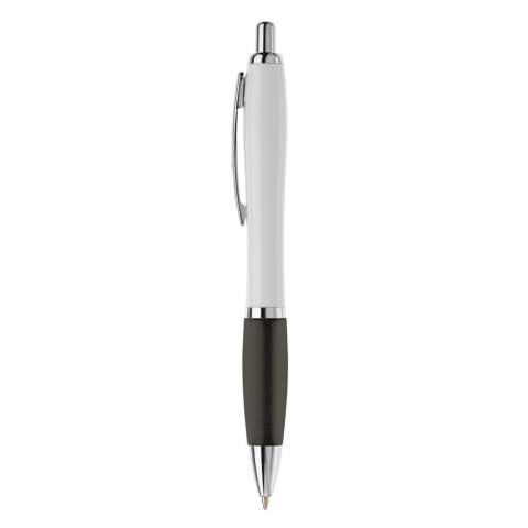 White ball pen with metal clip. Metal look push button, ring and tip. Comes with a Jumbo refill with blue writing ink.