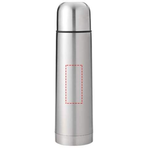 Doppelwandige Isolierflasche mit Becher im Deckel. Ausgießer mit Einhand-Druckknopf, der sich automatisch schließt, wenn der Deckel auf die Flasche geschraubt wird. Volumen 750 ml.