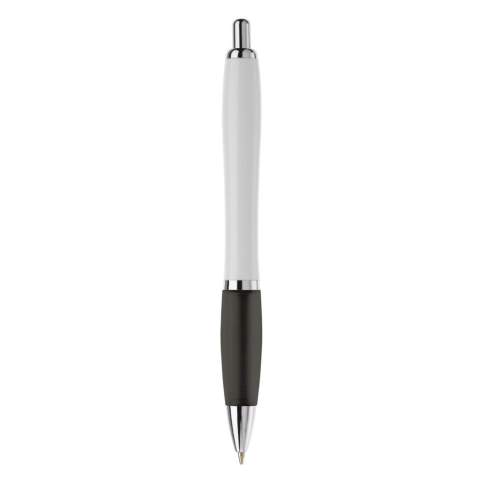 White ball pen with metal clip. Metal look push button, ring and tip. Comes with a Jumbo refill with blue writing ink.