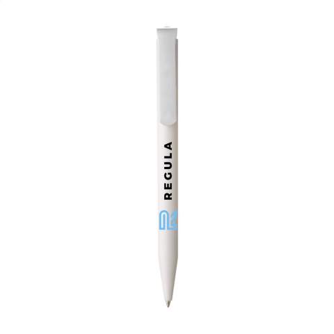 Blue ink ballpoint pen from the brand Senator®. The matt barrel is made of PLA granulate on the basis of sugarcane and is therefore biodegradable. The pen is produced using green energy and processes certified according to the ISO 14001 environmental standard. With a large clip/push button. Made in Germany.
