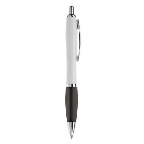 White ball pen with metal clip. Metal look push button, ring and tip. Comes with a Jumbo refill with blue writing ink.
