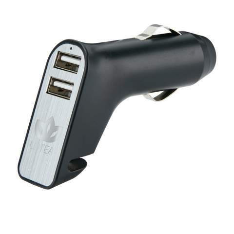 Dual USB port car charger that can be used to charge two mobile devices at the same time. This charger also includes a belt cutter and a window breaker in case of an emergency. Output: 5V/2.1A.