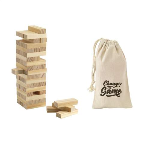 Hölzernes Stapelspiel (54 Blöcke). Abm. Turm:  17,8 x 5 x 5 cm. Jeweils in einer Baumwolltasche. Inklusive Spielanleitung.