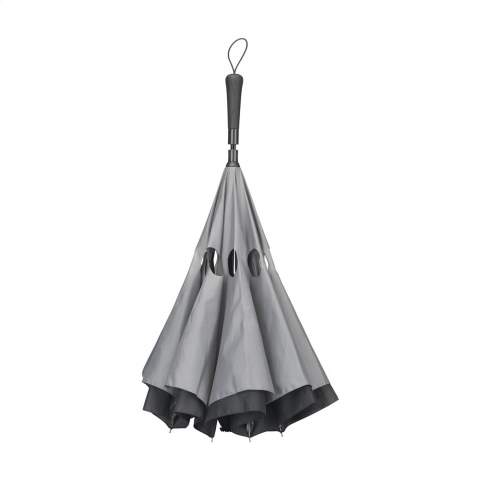 Large, innovative reverse umbrella with double 190T pongee slings. Special material that accelerates drying. Can dry standing up. Closes automatically, opens manually. Ideal when getting in and out of the car. Metal frame with windproof system and ergonomically shaped handle with carrying strap.