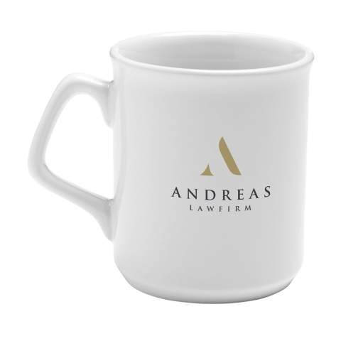 High quality ceramic mug. In all white or with a coloured exterior. Capacity 280 ml. Dishwasher safe. The imprint is dishwasher tested and certified: EN 12875-2.
