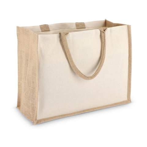 Tasche mit Vorder- und Rückseite aus natürlichem Baumwoll-Canvas, kombiniert mit Seiten und Boden aus Jute - alles 320 g/m². Ausgestattet mit farblich abgestimmten Baumwollgriffen für ein einheitliches, natürliches Aussehen. Oeko-Tex®-zertifiziert. Ideal für den Einzelhandel, Veranstaltungen oder den täglichen Gebrauch.
