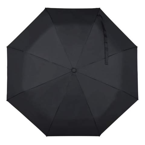Parapluie en R-PET avec manche en bois véritable et au design emblématique. Sa monture en fibre de verre lui donne une excellente résistance au vent. Il s'ouvre automatiquement d'une simple pression sur le bouton. Le matériau chiné donne à ce parapluie un aspect luxueux. (couleur unie noire).