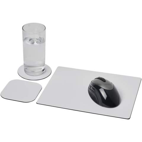 Supplied with a Brite-Mat mouse mat and a set of matching coasters. The set comprises of a rectangular mousemat (0.3 x 19 x 21cm), square coaster (0.3 x 9.5 x 9.5 cm) and round coaster ( 0.3 x  ø9.5cm).