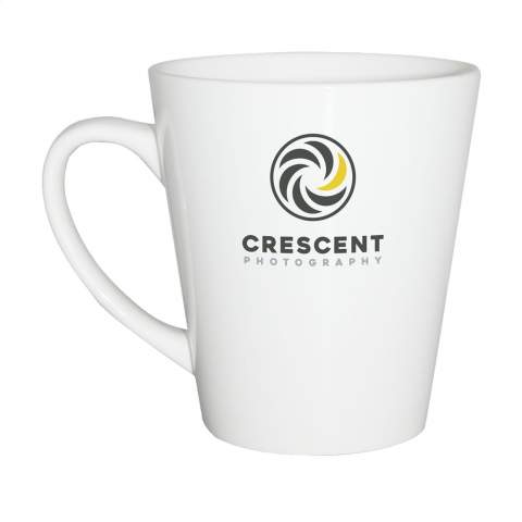 Contemporary quality ceramic mug. In all white or with a coloured exterior. Capacity 310 ml. Dishwasher safe. The imprint is dishwasher tested and certified: EN 12875-2.