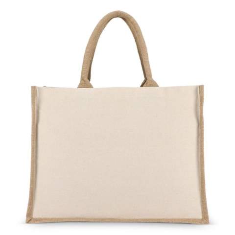 Tasche mit Vorder- und Rückseite aus natürlichem Baumwoll-Canvas, kombiniert mit Seiten und Boden aus Jute - alles 320 g/m². Ausgestattet mit farblich abgestimmten Baumwollgriffen für ein einheitliches, natürliches Aussehen. Oeko-Tex®-zertifiziert. Ideal für den Einzelhandel, Veranstaltungen oder den täglichen Gebrauch.
