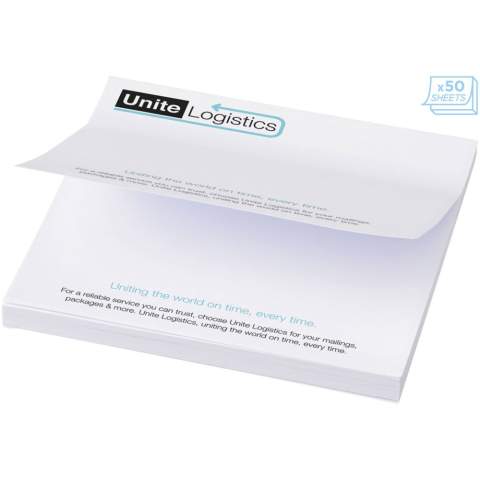 Sticky-Mate® sticky notes. Standaard model bestaat uit 50 vellen zelfklevend 80 g/m2 papier. Full colour print beschikbaar op elk vel. Beschikbaar in 3 formaten (25/50/100 vellen).