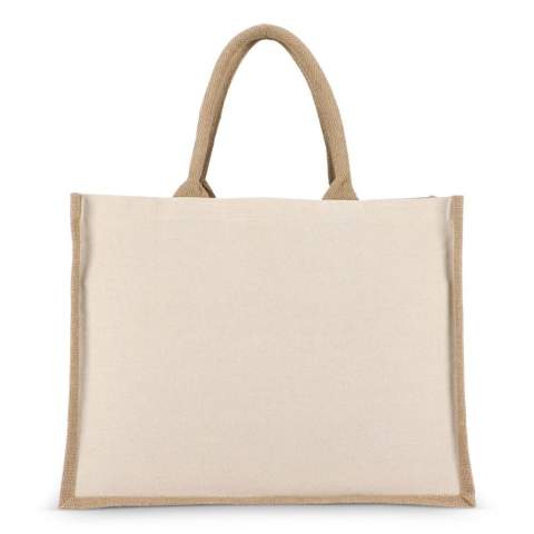 Tasche mit Vorder- und Rückseite aus natürlichem Baumwoll-Canvas, kombiniert mit Seiten und Boden aus Jute - alles 320 g/m². Ausgestattet mit farblich abgestimmten Baumwollgriffen für ein einheitliches, natürliches Aussehen. Oeko-Tex®-zertifiziert. Ideal für den Einzelhandel, Veranstaltungen oder den täglichen Gebrauch.
