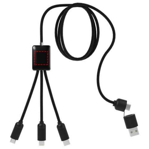 Charging cable with rubber and metal finish and light-up logo. Fitted with three connectors (Type-C, Android, iPhone) and USB-A and USB-C output. Up to three devices can be charged simultaneously. Length of cables (including plugs): 10 cm. Total cable length: 1 metre. The cable is made from recycled PET plastic, and the packing from recycled paper and recycled plastic.