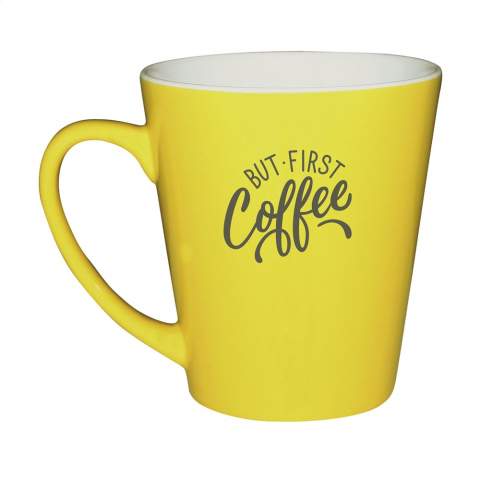 Contemporary quality ceramic mug. In all white or with a coloured exterior. Dishwasher safe. Capacity 310 ml. The imprint is dishwasher tested and certified: EN 12875-2.