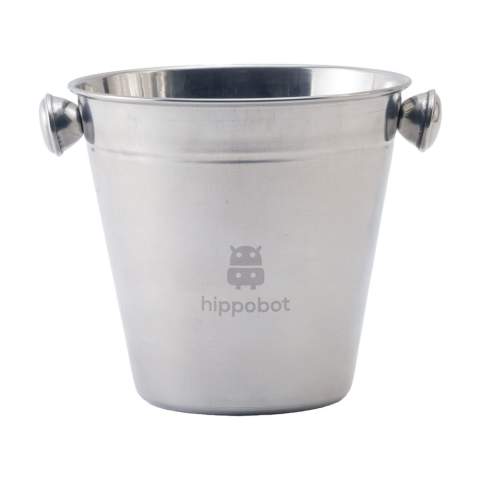 Stylish, shiny stainless steel ice bucket. Perfect for keeping drinks cool at parties or at home. This small model is ideal as a giveaway and adds a touch of elegance to any occasion. Capacity 1,400 ml.