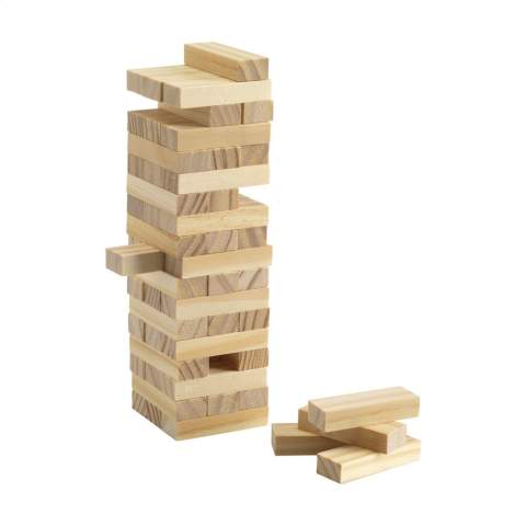 Hölzernes Stapelspiel (54 Blöcke). Abm. Turm:  17,8 x 5 x 5 cm. Jeweils in einer Baumwolltasche. Inklusive Spielanleitung.