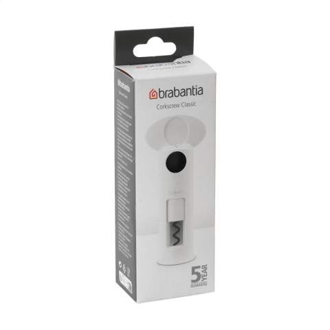 Brabantia kurkentrekker van  kunststof. Past op alle standaard flessen (tot 4,57 cm Ø), heeft goede houvast en een moeiteloze bediening dankzij de extra grote draaigreep. De centreerring zet de spiraal altijd in het midden van de kurk. De spiraal is voorzien van een 'non-stick' coating - geen kurkresten in de wijn. Met ingebouwde caspulesnijder en eenvoudig ontkurkmechanisme om de kurk uit de fles en van de kurkentrekker te halen. 99% recyclebaar. Met 5 jaar fabrieksgarantie.