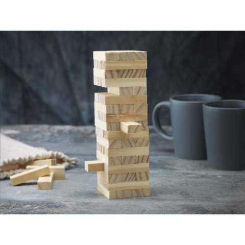 Hölzernes Stapelspiel (54 Blöcke). Abm. Turm:  17,8 x 5 x 5 cm. Jeweils in einer Baumwolltasche. Inklusive Spielanleitung.