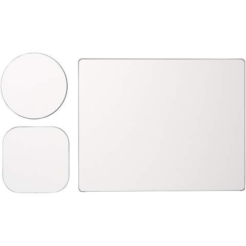 Supplied with a Brite-Mat mouse mat and a set of matching coasters. The set comprises of a rectangular mousemat (0.3 x 19 x 21cm), square coaster (0.3 x 9.5 x 9.5 cm) and round coaster ( 0.3 x  ø9.5cm).