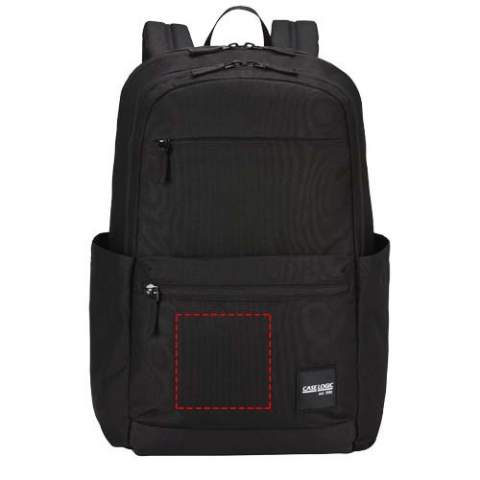 The Case Logic Uplink backpack has 26 litres of storage capacity including two large compartments, double front pockets, and plenty of organisation compartments. The backpack is made of 100% recycled 600D polyester body material combined with padded, durable 100% recycled 1200D polyester base. The contoured shoulder straps and a quilted, fully-padded back panel ensure a comfortable carry. Featuring a 15.6" padded laptop compartment, a 10" tablet sleeve, two large side pockets for a water bottle or other small items, and a front organisation pocket for small electronics, pens, and keys. The spacious main compartment is designed to fit books and folders and a secondary compartment for additional notebooks, headphones and personal items, plus a small zippered privacy pocket. The quick-access front pocket could store a phone and small accessories.