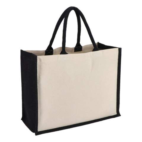 Elegante Tasche mit Vorder- und Rückwand aus Baumwoll-Canvas und Seiten und Boden aus Jute - alles 320 g/m². Die Baumwollgriffe und Seitenwände in Akzentfarben sorgen für zusätzlichen optischen Reiz. Oeko-Tex®-zertifiziert. Ideal für den Einzelhandel, Veranstaltungen oder den täglichen Gebrauch.
