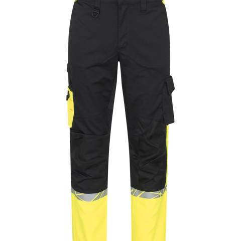 • Werkbroek met open zij- en achterzakken <br />• Zakken op de broekspijpen, aan de linkerkant een ruime zak met klep en magneetsluiting, een interne telefoonzak en een houder voor het bevestigen van een ID-kaart <br />• Aan de rechterkant een zak voor een vouwmeter en een zak voor gereedschap met een knoop voor een mes <br />• Voorgevormde knieën, stretchstof in het kruis en ingenaaid stretchband in de taille voor verhoogd comfort <br />• Brede riemlus aan de achterkant om druk van de riem te voorkomen • Verborgen knoop aan de voorkant <br />• Cordura® versterking in de vouwmeterzak en over de knieën voor verhoogde duurzaamheid • Waschipzakje<br /><br />Getest voor industrieel wassen volgens ISO 15797<br />Verhoogde zichtbaarheid volgens EN 17353<br />Geleverd in een biobased, composteerbare polybag