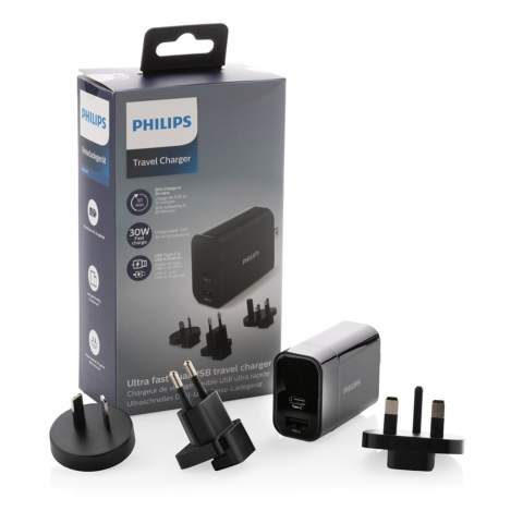 Philips ultraschnelles 30W-PD-Reiseladegerät kommt in praktischer Reisetasche und mit 4 Steckern; integrierter US-Stecker und wechselbare AU-, UK- und EU-Stecker. Input: 100-240V, 50-60Hz 0,7A; USB-A Output 5V/2,4A; Type-C 5V/3A, 9V/2A, 12V/1,5A. Verpackt in einer Philips Geschenkbox.