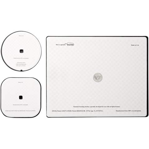 Supplied with a Brite-Mat mouse mat and a set of matching coasters. The set comprises of a rectangular mousemat (0.3 x 19 x 21cm), square coaster (0.3 x 9.5 x 9.5 cm) and round coaster ( 0.3 x  ø9.5cm).