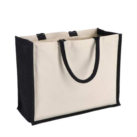 Elegante Tasche mit Vorder- und Rückwand aus Baumwoll-Canvas und Seiten und Boden aus Jute - alles 320 g/m². Die Baumwollgriffe und Seitenwände in Akzentfarben sorgen für zusätzlichen optischen Reiz. Oeko-Tex®-zertifiziert. Ideal für den Einzelhandel, Veranstaltungen oder den täglichen Gebrauch.
