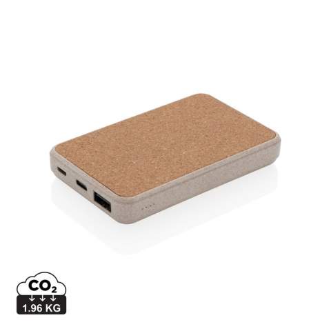 5000 mah pocket size powerbank. The top side is made from natural cork and the casing is made from 35% wheat straw mixed with ABS. When fully charged it will provide you with enough energy to re-charge your mobile phone up to three times. The powerbank contains a long-lasting grade A 5.000 mAh high density lithium polymer battery. The power indicators will indicate the remaining energy level so you always know when to re-charge. Type-C input 5V/2A Micro USB Input 5V/2A. Output 5V/2A<br /><br />PowerbankCapacity: 5000<br />PVC free: true