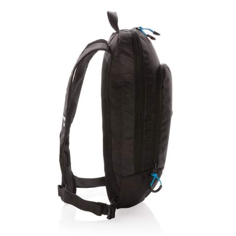 Take all the essentials you need with you with this small hiking backpack. The backpack is made from durable polyester and features a minimalist design which can hold a hydration reservoir. Perfect for hikes, bike rides, and all sorts of outdoor adventures.This small hiking backpack includes a zippered front pocket and a hole for easy routing of your hydration tube. With a mesh padded back panel, mesh padded shoulder straps, it's easy and comfortable to carry for all day use. PVC free.<br /><br />PVC free: true