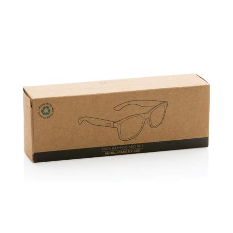 Sunglasses made with RCS certified recycled PC frame and FSC® 100% bamboo temples . Recycled content of frame is 100%. Total recycled content: 41% based on total item weight. RCS certification ensures a completely certified supply chain of the recycled materials. The lenses are smokey acrylic and conform EN ISO 12312-1, UV 400 and CAT 3. Packed in a FSC® kraft packaging.