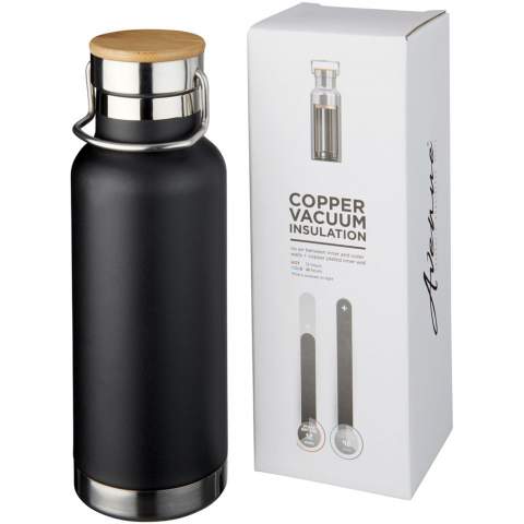 Double-walled stainless steel vacuum construction with copper insulation, which allows beverages to stay cold for 48 hours or hot for at least 12 hours. The construction also prevents condensation on the outside of the bottle. Screw-on lid with wood detail. On-trend, durable powder coating. Volume capacity is 480ml. Presented in an Avenue gift box.